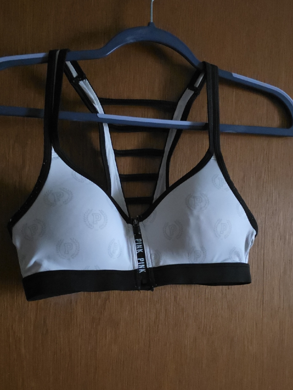 PINK Victoria's Secret White & Black Front-Zip Strappy Sports Bra
